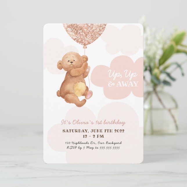 Invitación Arriba, arriba y lejos Teddy Oso Nubes rosadas Nac (Anverso de pie)