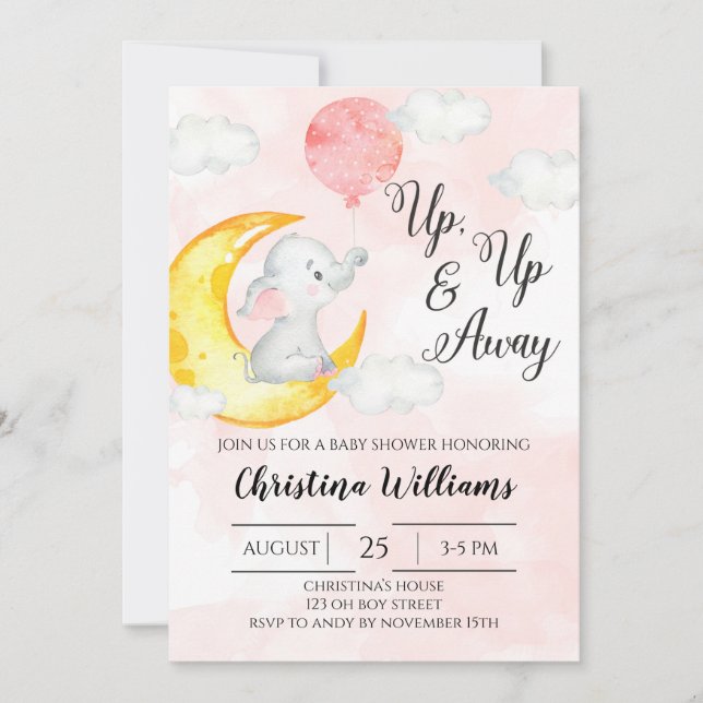 Invitación Arriba Chica de Elefante de Agua Rosa Baby Shower (Anverso)