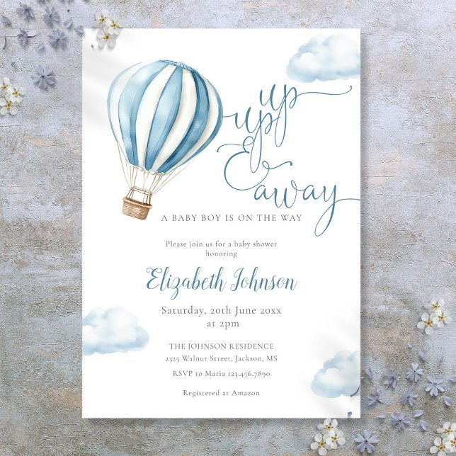 Invitación Arriba Y Afuera Chico Azul Balón De Aire Caliente  (Up And Away Boy Blue Hot Air Balloon Baby Shower Invitation)