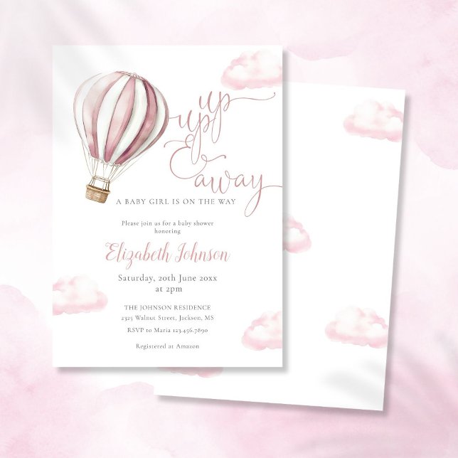 Invitación Arriba Y Atrás Chica Pink Hot Air Balloon Baby Sho (Up And Away Girl Pink Hot Air Balloon Baby Shower Invitation)
