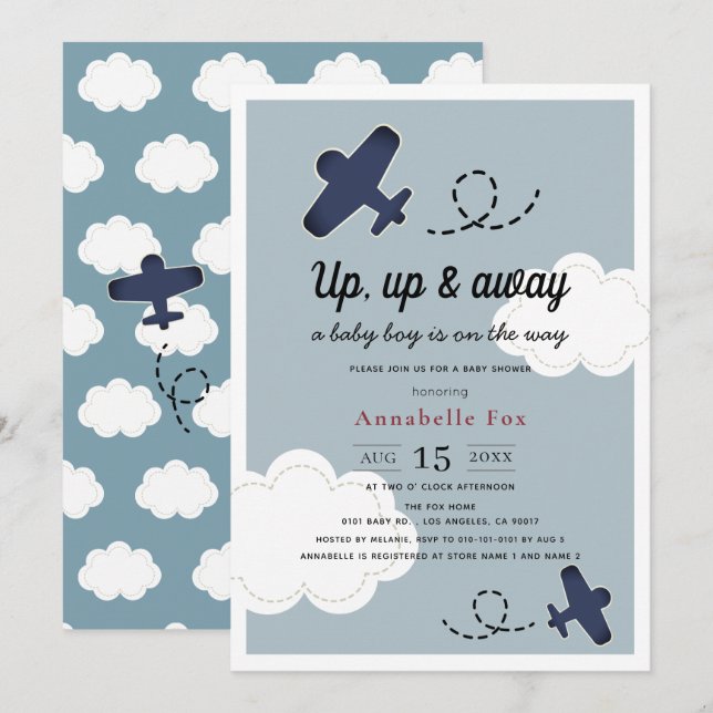 Invitación Arriba y fuera del avión Blue Boy Baby Shower (Anverso / Reverso)