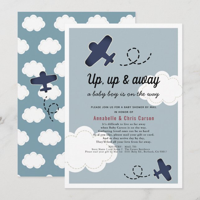 Invitación Arriba y fuera del avión Blue Boy Baby Shower por  (Anverso / Reverso)