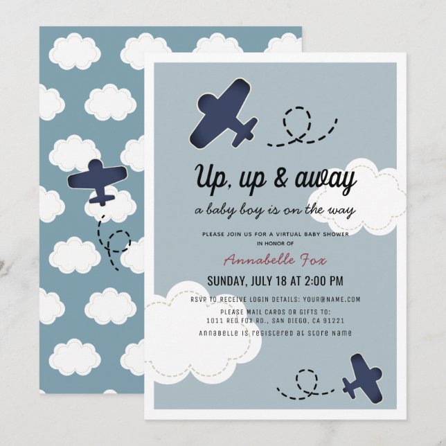 Invitación Arriba y fuera del avión Blue Boy Virtual Baby Sho (Anverso / Reverso)