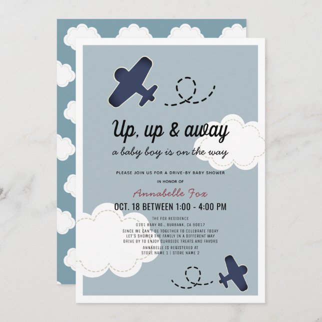Invitación Arriba y fuera del Baby Shower de la unidad azul d (Anverso / Reverso)
