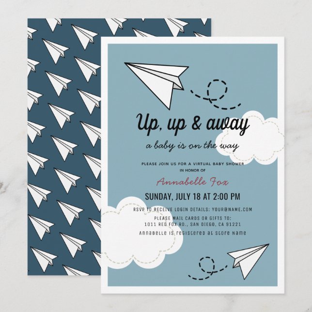 Invitación Arriba y fuera del plano de papel Baby Shower virt (Anverso / Reverso)