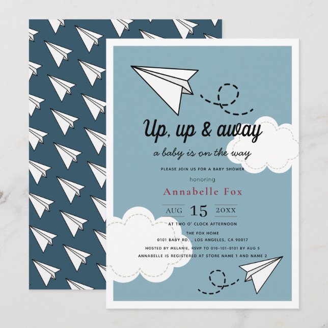Invitación Arriba y fuera del plano de papel Blue Boy Baby Sh (Anverso / Reverso)