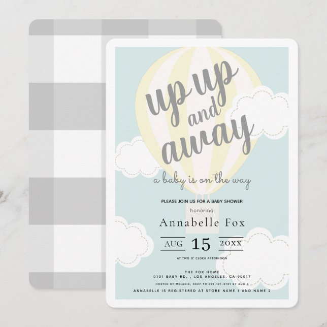 Invitación Arriba y lejos Baby Shower de globo de aire calien (Anverso / Reverso)