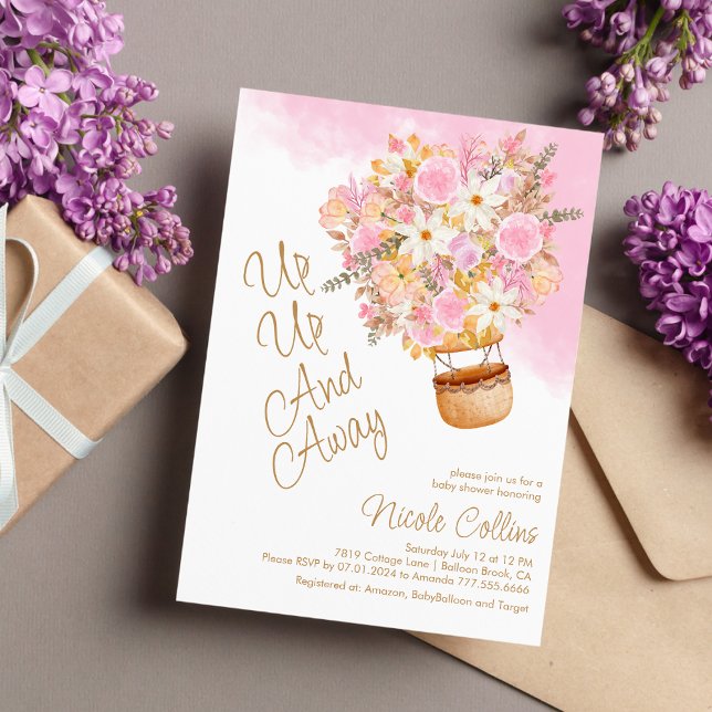 Invitación Arriba y lejos Baby Shower de globo floral rosa (Subido por el creador)