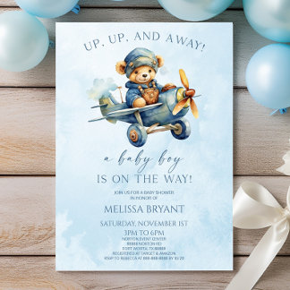 Invitación ¡Arriba y lejos! Baby Shower del avión Teddy Bear