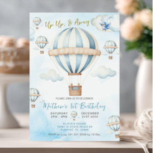 Invitación Arriba y lejos Blue Hot Air Balloon Boy 1er cumple