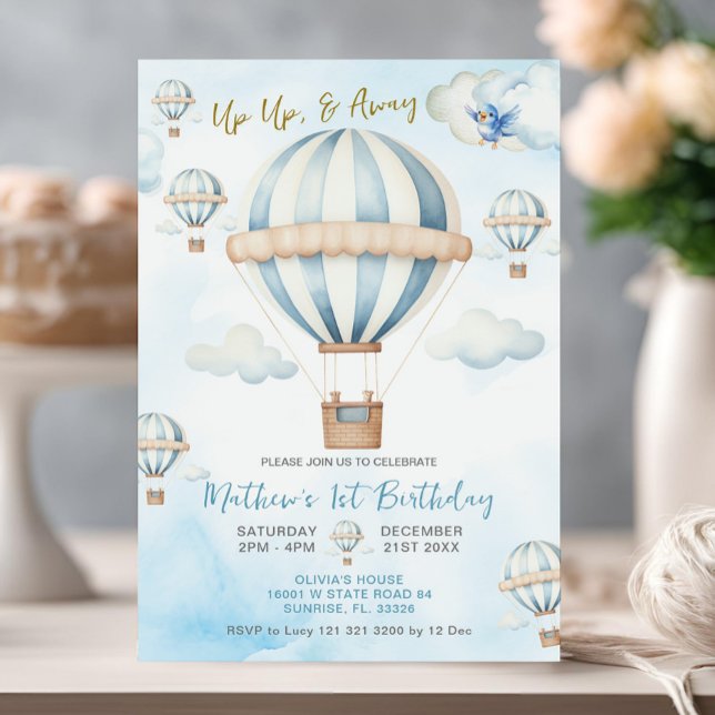 Invitación Arriba y lejos Blue Hot Air Balloon Boy 1er cumple (Subido por el creador)