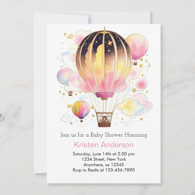 Invitación Arriba y lejos Chica de aventuras rosa Baby Shower (Anverso)