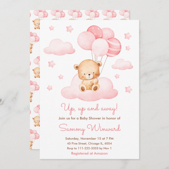 Invitación Arriba y lejos Chica de globos rosados Baby Shower (Anverso / Reverso)