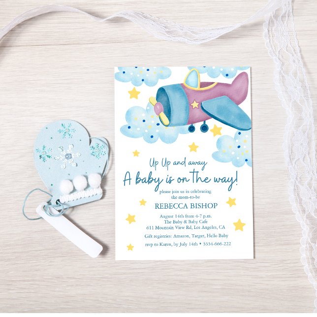 Invitación Arriba y lejos del avión púrpura bebé niño ducha (Subido por el creador)