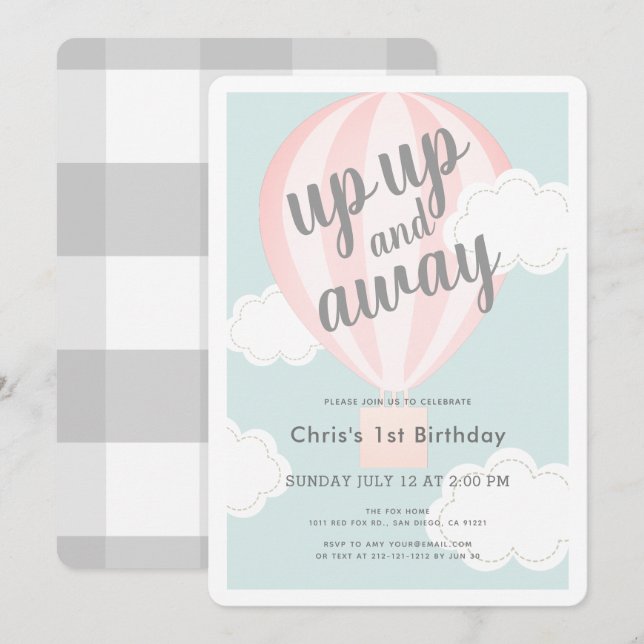Invitación Arriba y lejos el globo aerostático rosa 1er cumpl (Anverso / Reverso)