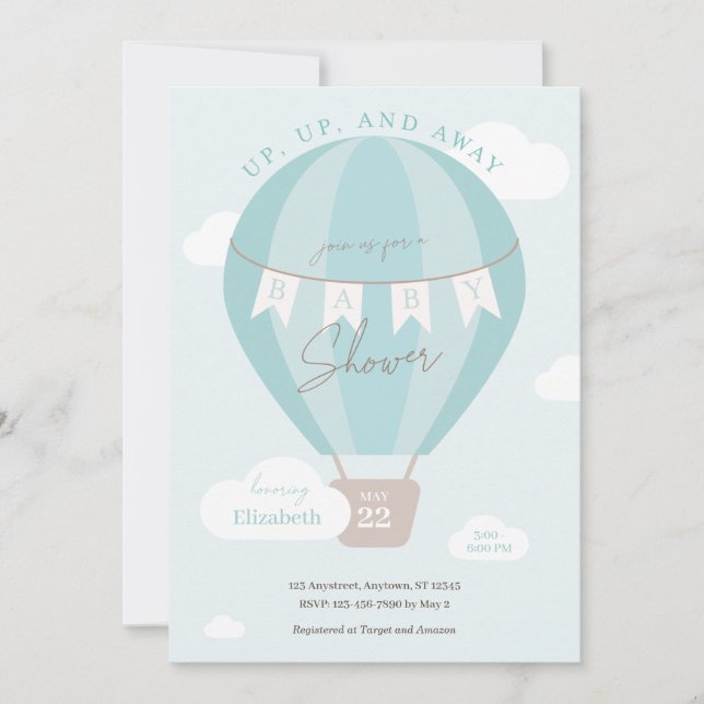 Invitación Arriba y lejos el globo de aire caliente azul Baby (Anverso)