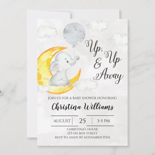 Invitación Arriba y lejos un Baby Shower gris neutro (Anverso)