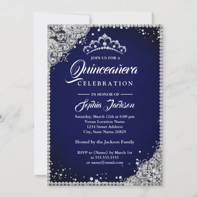 Invitación Arroz de diamante Sparkle Navy Plata Quinceanera (Anverso)