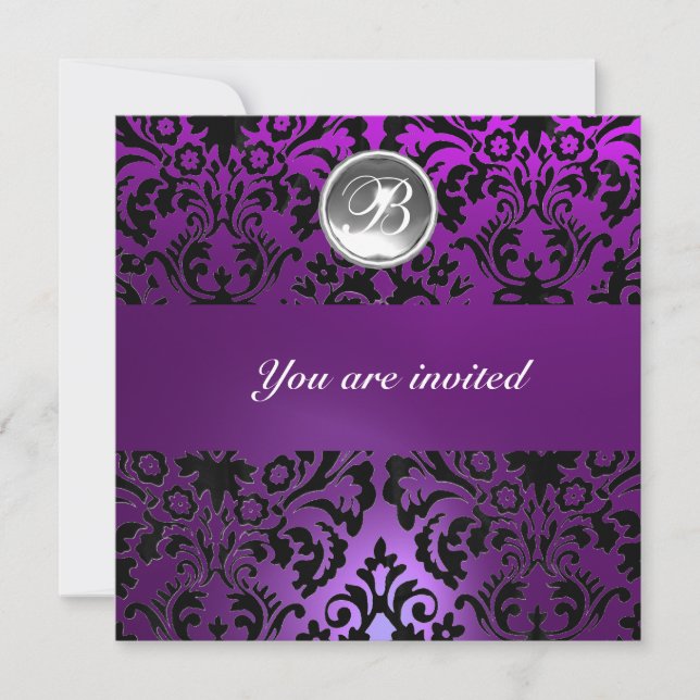 Invitación Arroz de MONOGRAM de PIEDRA de GEMA NEGRO y PURPLE (Anverso)