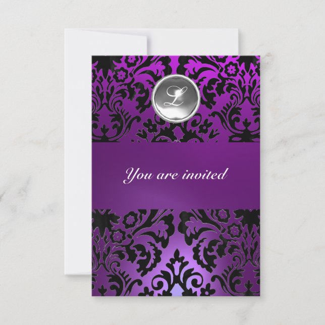 Invitación Arroz de MONOGRAM de PIEDRA de GEMA NEGRO y PURPLE (Anverso)