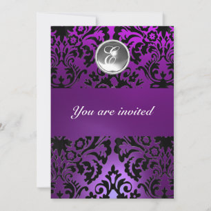 Invitación Arroz de MONOGRAM de PIEDRA de GEMA NEGRO y PURPLE