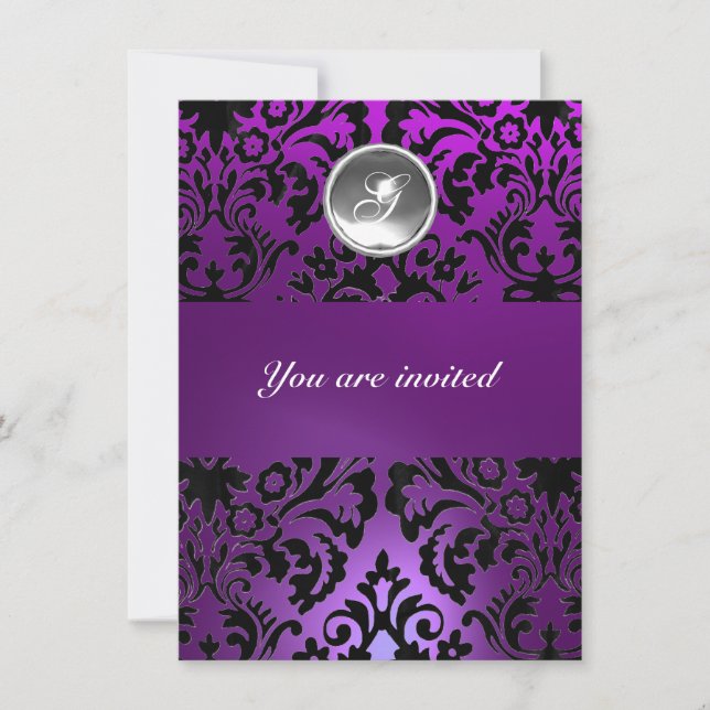 Invitación Arroz de MONOGRAM de PIEDRA de GEMA NEGRO y PURPLE (Anverso)
