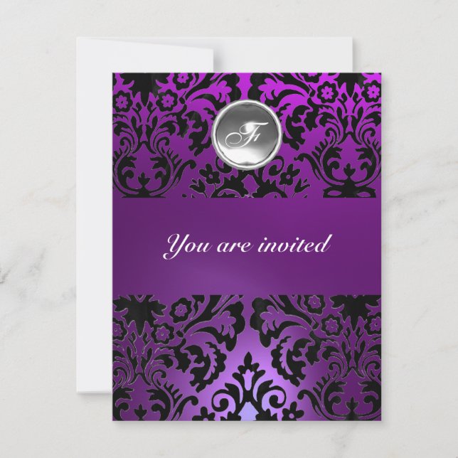 Invitación Arroz de MONOGRAM de PIEDRA de GEMA NEGRO y PURPLE (Anverso)