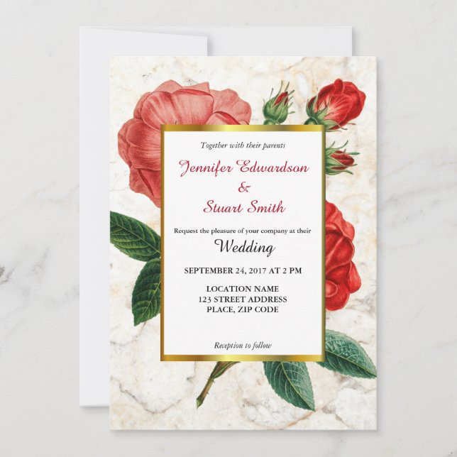 Invitación Arroz rojo color de agua mármol Floral Vintage Wed (Anverso)