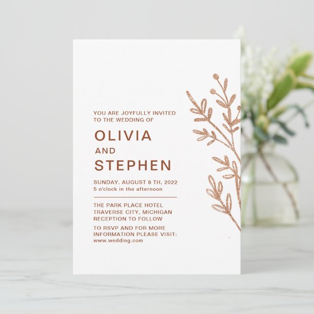 Invitación Arroz y blanco. Follaje simple. Boda moderno (Anverso de pie)