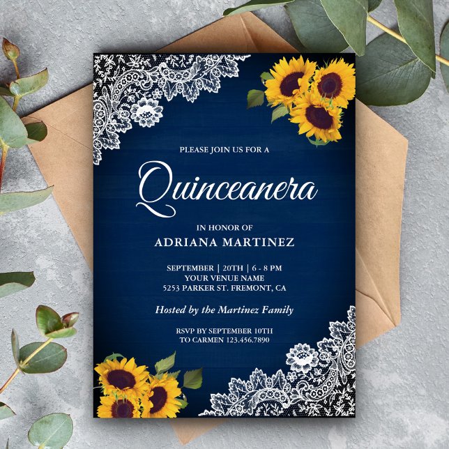 Invitación Arruz Marina Azul Madera Azul Lace Sunflower Quinc (Subido por el creador)