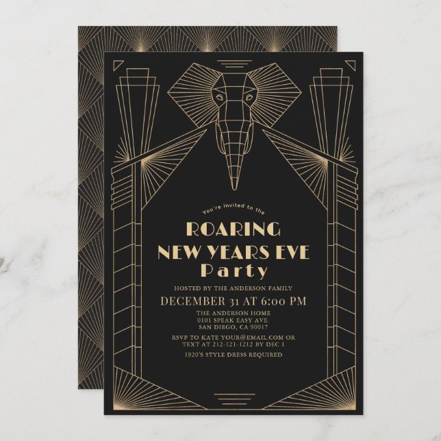 Invitación Art Deco años 20 Gatsby Elefante Nochevieja (Anverso / Reverso)