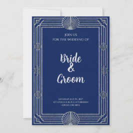 Invitación Art Deco Azul Marino Plata Concha Elegante Náutico