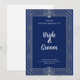 Invitación Art Deco Azul Marino Plata Concha Elegante Náutico