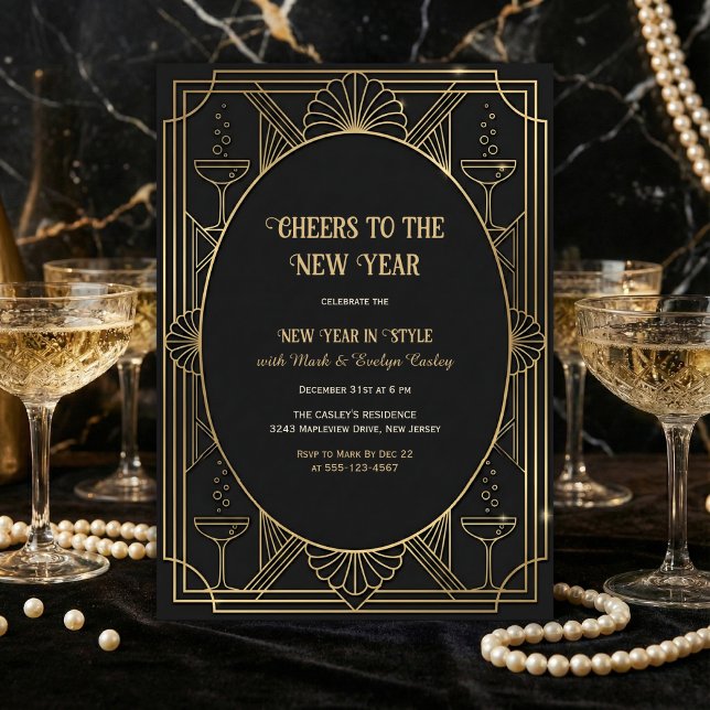 Invitación Art Deco Black & Gold Cheers to the New Year (Cheers to the New Year – Art Deco Black & Gold, Champagne, Personalized)