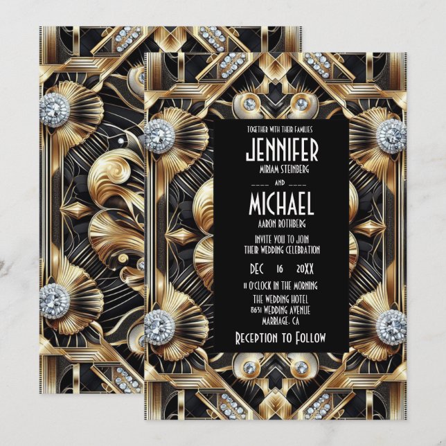 Invitación Art Deco Black & Gold Diamond Wedding Invitations (Anverso / Reverso)