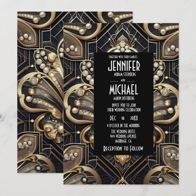 Invitación Art Deco Black & Gold Diamond Wedding Invitations (Anverso / Reverso)