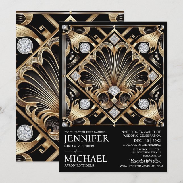 Invitación Art Deco Black & Gold Diamond Wedding Invitations  (Anverso / Reverso)