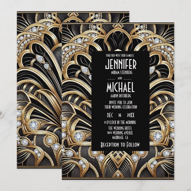 Invitación Art Deco Black & Gold Diamond Wedding Invitations (Anverso / Reverso)