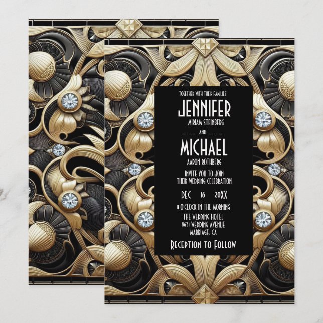 Invitación Art Deco Black & Gold Diamond Wedding Invitations (Anverso / Reverso)