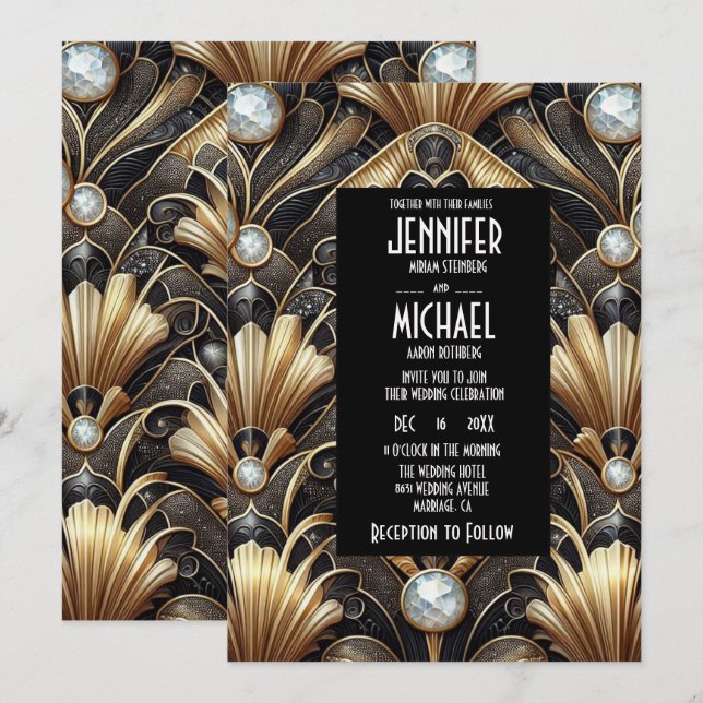 Invitación Art Deco Black & Gold Diamond Wedding Invitations (Anverso / Reverso)