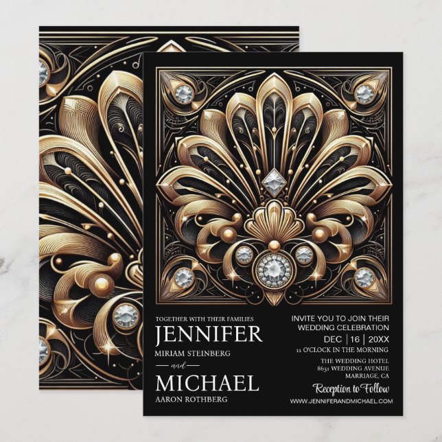 Invitación Art Deco Black & Gold Diamond Wedding Invitations  (Anverso / Reverso)