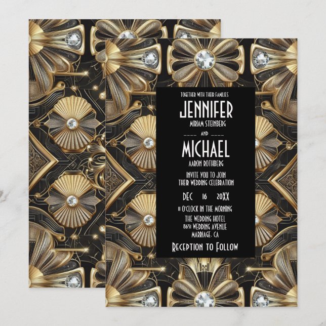 Invitación Art Deco Black & Gold Diamond Wedding Invitations (Anverso / Reverso)
