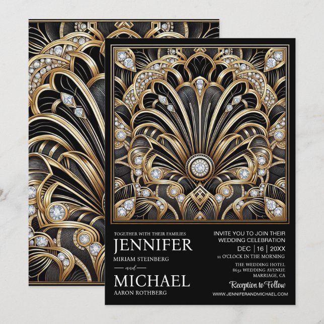 Invitación Art Deco Black & Gold Diamond Wedding Invitations  (Anverso / Reverso)
