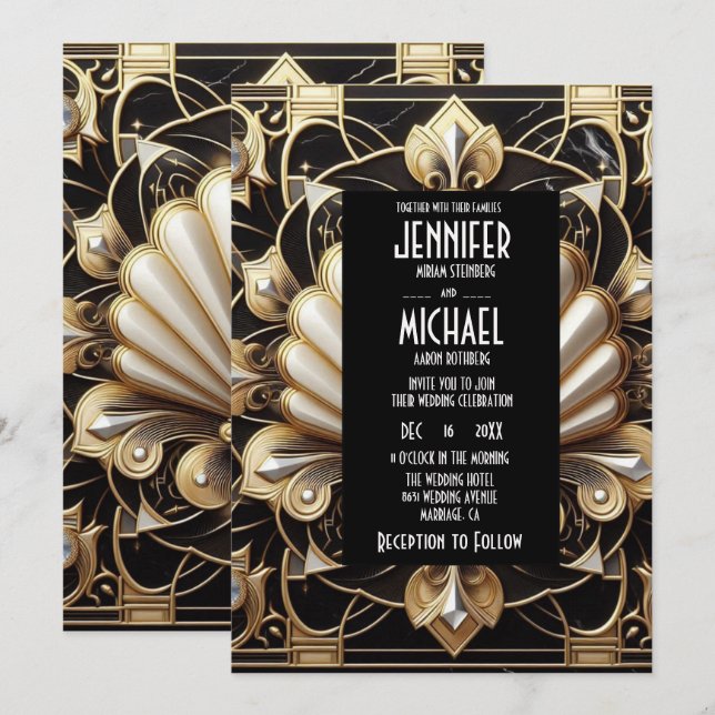 Invitación Art Deco Black & Gold Diamond Wedding Invitations (Anverso / Reverso)