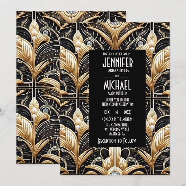 Invitación Art Deco Black & Gold Diamond Wedding Invitations (Anverso / Reverso)