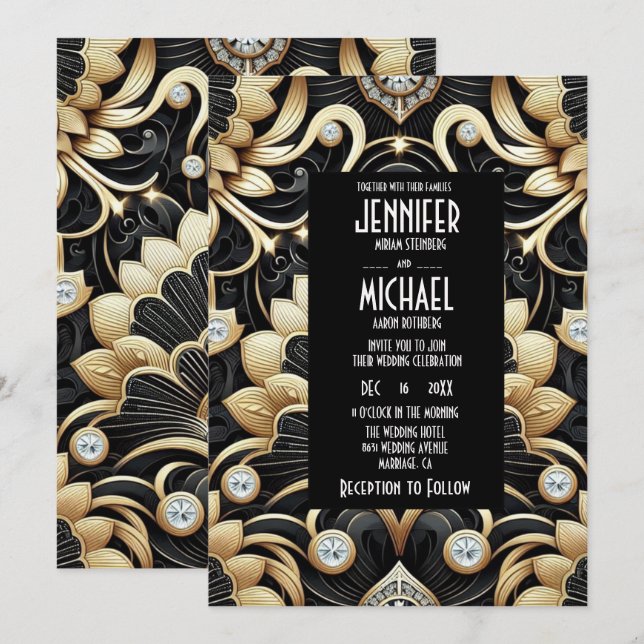 Invitación Art Deco Black & Gold Diamond Wedding Invitations (Anverso / Reverso)