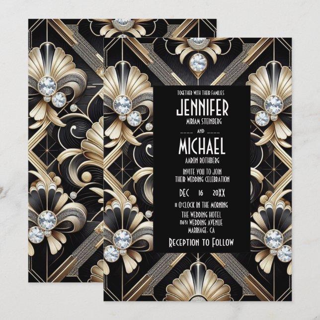 Invitación Art Deco Black & Gold Diamond Wedding Invitations (Anverso / Reverso)