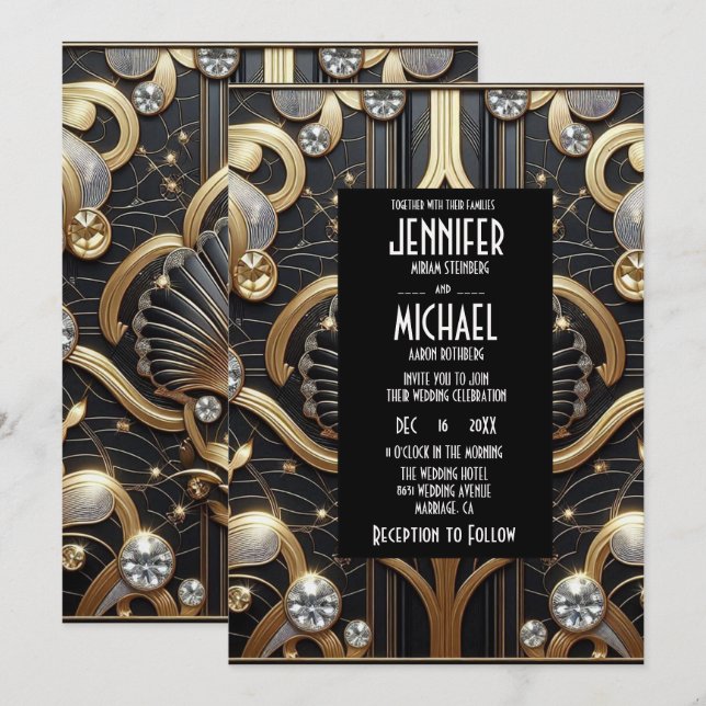 Invitación Art Deco Black & Gold Diamond Wedding Invitations (Anverso / Reverso)