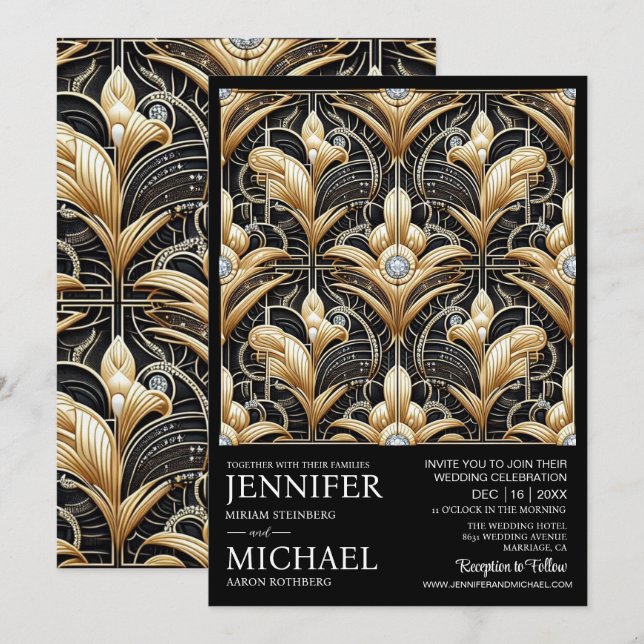 Invitación Art Deco Black & Gold Diamond Wedding Invitations  (Anverso / Reverso)