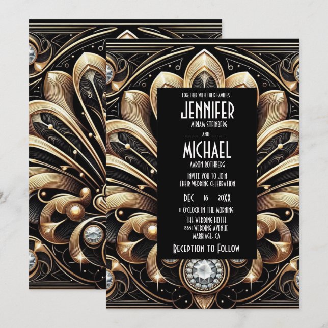 Invitación Art Deco Black & Gold Diamond Wedding Invitations (Anverso / Reverso)